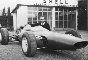 Driver Prints: John Surtees pictured here with the new Ferrari Formula One racing car. April 7th