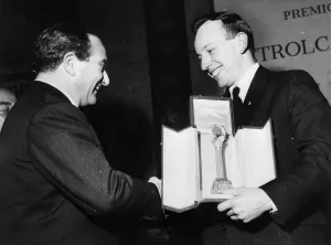 Sportsman Prints: John Surtees receives trophy in Milan. Milan, Italy : Motor - cycling World Champion