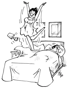 Illustration Prints: Joy in bed. Cartoon by Sax Usually paying little or no attention to political correctness