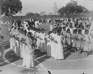 Jubilee celebrations in Baroda state. School girls dancing native dances