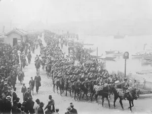 Kemals Mialed Fist Turkish Cavalry headed by their band, crossing from Stamboul