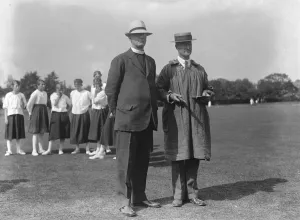Traditional Prints: Kent versus Sussex Ladies stoolball match at Tunbridge Wells. The umpires;