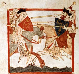 Fight Prints: King Arthur fights the Emperor Lucius, 13th century. King Arthur page 48