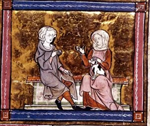 Love Collection: King Arthur and Guinevere sit and talk. Early 14th century. Guinevere was the Queen