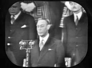 Microphone Prints: King George VI shown on a television broadcast opening the new Chamber of the House of Commons