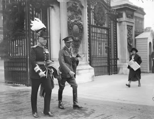 The King holds an investiture. Lt General Sir Charles Richardson ( left ) KCB