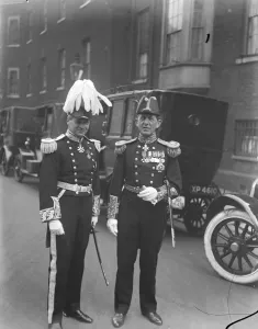 The King holds a levee at St Jamess Palace. Admiral Goodenough ( left ) and Sir