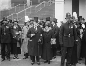 King opens British Empire exhibition. Mr and Mrs Solly Joel, leaving, after