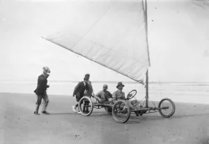 Sportsman Prints: The King of Spain, King Alfonso on a sand yacht on the beach at Comillas. 8 September
