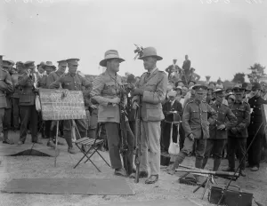 The Kings prize winner at Bisley. Colonel Blair being congratulated by Lieut Burke