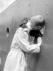 Farewell Prints: A kiss aboard! On the John Biscoe was meteorologist Harry Leckie of Wigan who peered