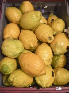 Fruits Prints: Knobbly mediterranean lemons for sale in Swedish local corner store credit: Marie-Louise