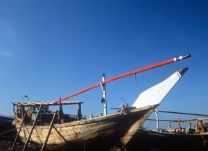 KUWAIT - A traditional cargo boat drawn up on the Gulf sands