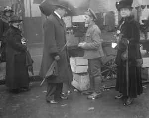 Soldier Prints: L C C Elections Sir Francis Lloyd canvassing a demobilised soldier 5 March 1919