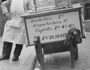 L Papa and Sons ice cream vendor in Gravesend, Kent. 1939