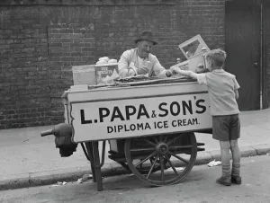 L Papa and Sons ice cream vendor in Gravesend, Kent. 1939