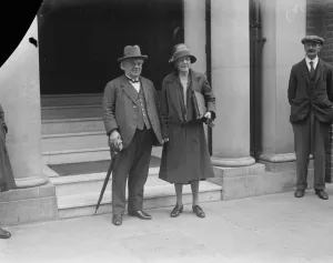 Labour Leaders meet in London. Mr F G Roberts and Dr Ethel Bentham leaving
