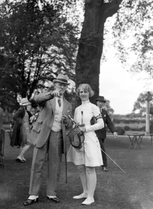 Ladies Fencing at Ranelagh. Sir George Hastings and Mrs Minton. 9 June 1928