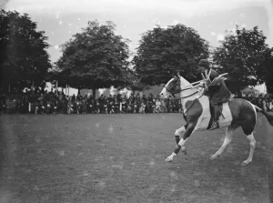 Horseback Prints: Ladies mounted sports at Ranelagh. Miss Nancy Hill winning the pole snatching race