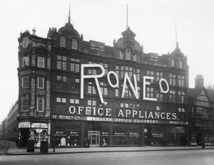 Sign Prints: Large building in Holborn, London for Roneo office equipment. 1920 s
