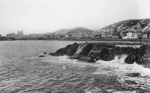 Las Palmas of Gran Canaria, as seen from the sea, on the left is the cathedral
