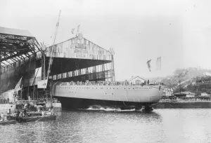 Launch of French warship Suffren at Brest. The warship taking the water. 5