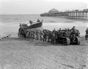 Launching the Lifeboat at Worthing by Motor Tractor. 1920s, 1930s