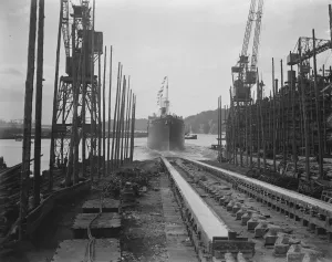 Launching of the War Glory at Chepstow The vessel taking the water 21 April 1920