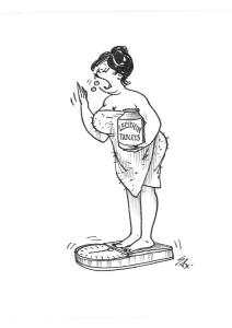Prints of Lechithin Tablets/ weight / scales / diet / dieter Cartoons By Sax Prints: Lechithin Tablets / weight / scales / diet / dieter