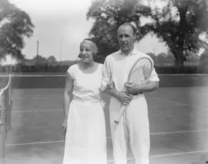 Belgian Prints: Lenglen and her partner at Wimbledon. Mlle Suzanne Lenglen and J Washer, who are