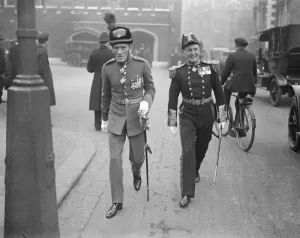 Levee at St Jamess Palace. Admiral Gaskell with Air Marshal Scarlett leaving