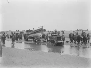 Lifeboat launched by Motor Tractor. Horses replaced by water tight machinery A
