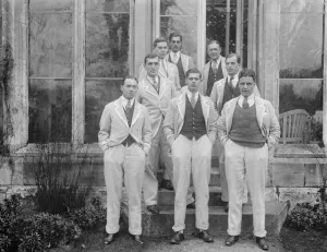 The light blues at Putney The Cambridge crew left tor right front G E G Goddard