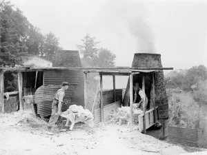 Smoke Prints: The Lime Works in Dunton Green, Kent. Men pile lime blocks into the kilns