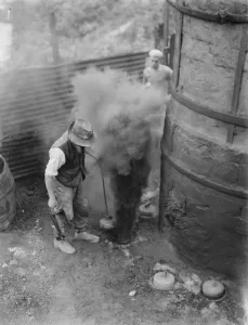 Smoke Prints: The Lime works in Dunton Green, Kent. Workers stoke the fires in the kilns