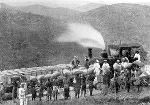 Colonial Prints: Loading a train at New Congo Railway from Matadi to Stanley Pool 1898