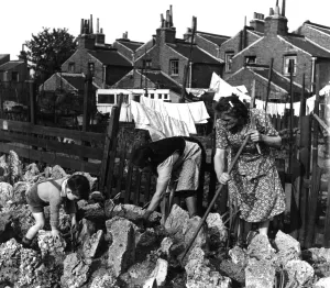London Life Prints: London. Bermondsey brightens up her bomb sites. 1950. Alma Grove, Bermondsey. Women