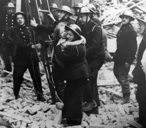 1940s Prints: The London Blitz An ARP warden rescues a young girl from the wreckage of a building