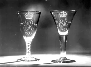 London: Coronation souvenir Glass Goblets with the Royal Cypher designed by James Powell and Sons