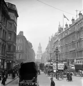 Horses Prints: London street scene. The edge of St. Pauls Cathedral looking down Queen Victoria Street