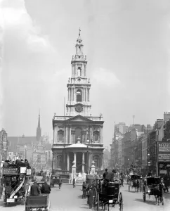 London street scene. View of St Mary Le Strand Church, Strand, London. Early 1900s