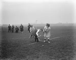 London University versus Paris University ladies hockey match at Mitcham. A duel
