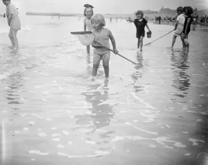 The look of wonder. A little shrimper on the coast of Normandy looks with wondering
