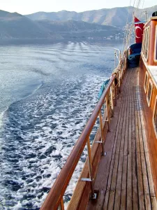Blue Prints: Looking back at the wake of Turkish gulet sailing among Greek islands in early morning