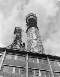 1960s Prints: Looming above Tottenham Court Road in London is the nearly completed Post Office