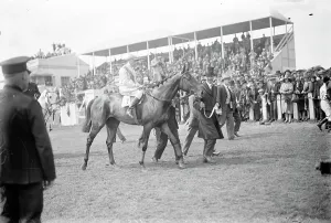 Lord Astors horse wins the Oaks. Leading in the winner. 7 June 1929