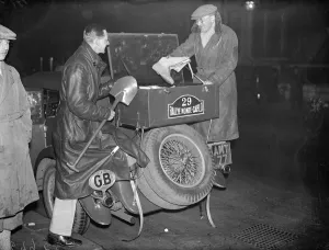 Aristocrat Prints: Lord De Clifford leaves London for Athens - a competitor in the Monte Carlo Rally motor run