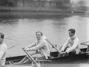 Lord Faversham in Eton trial eights. Two crews practice for Eton College trial eights race