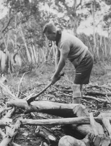Pipe Prints: Lord Somers as axeman. On his 10 days hike with boy scouts through out back Victoria