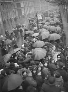 Royalty Royal Royals Prints: The Lying in State of King George V at Westminster Umbrellas in the queue, that